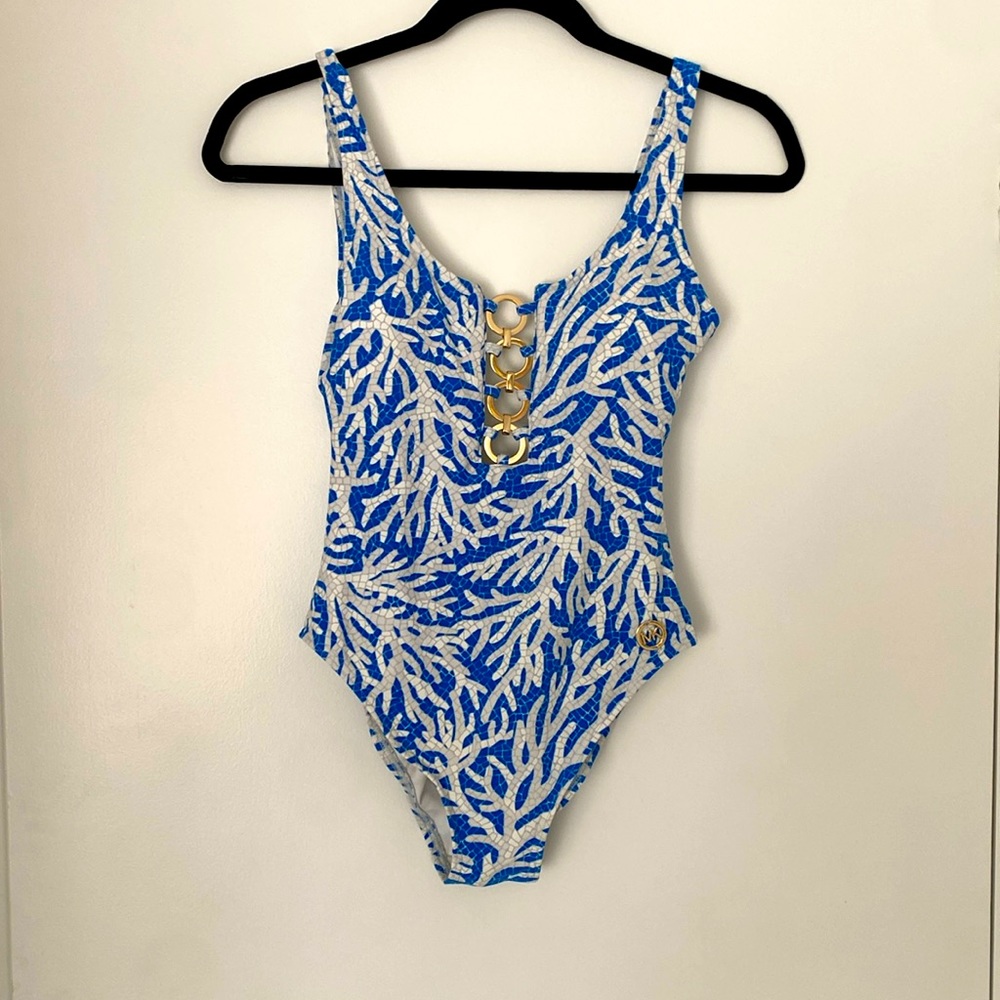 Michael Kors One Piece Blue Coral w/ Gold Embellishments- Size 4. Never Worn.